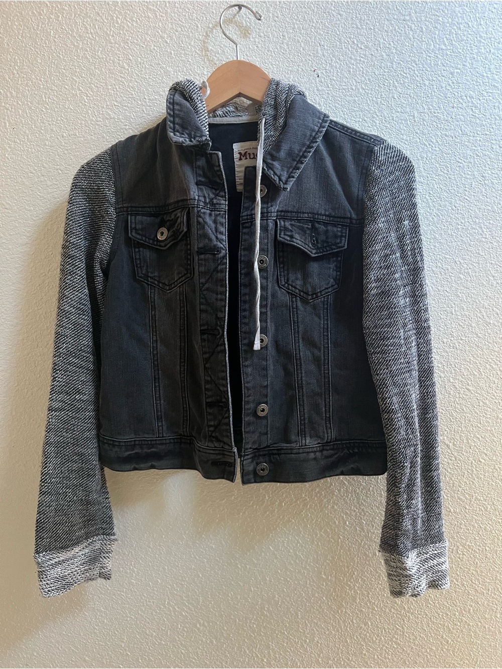 Mudd Charcoal Grey Denim Jacket with Knit Hoodie and Sleeves